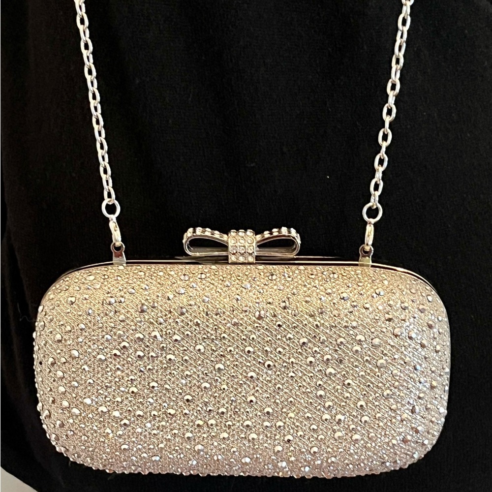INC jeweled silver clutch with detachable chain